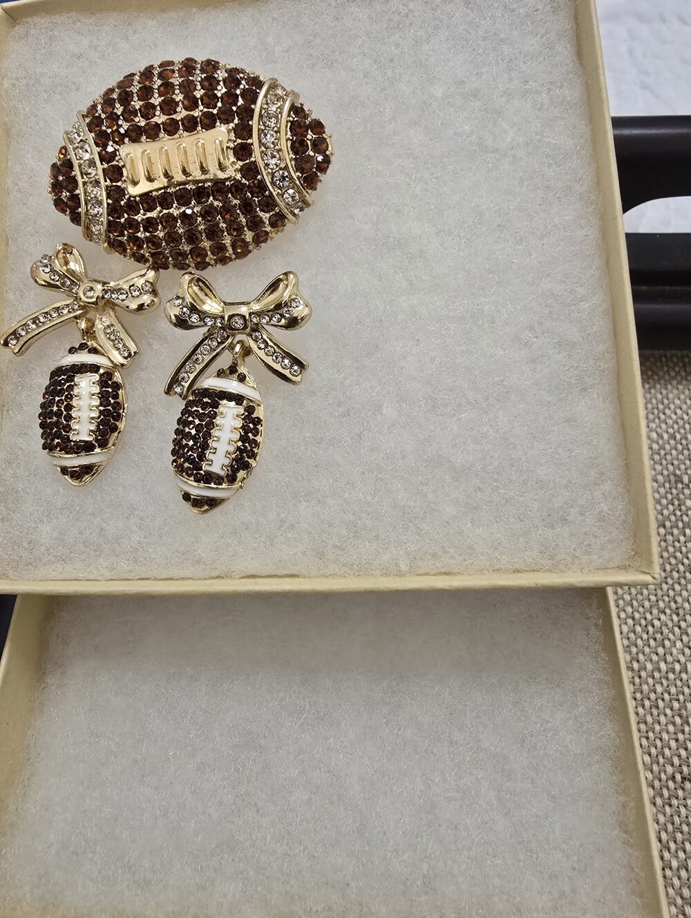 Is Anyone Ready For Some Football? Crystal Football Brooch and Dangle Earrings